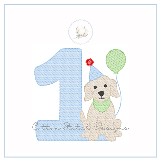 Party Puppy Birthday Number One Embroidery Design