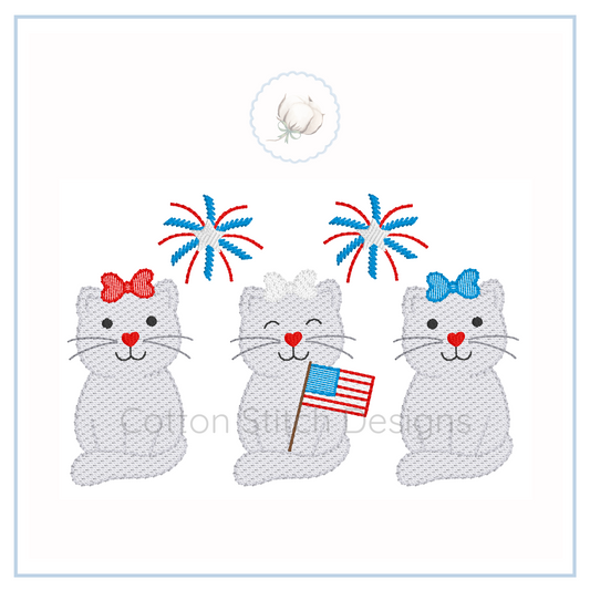 Machine Embroidery design Cotton Stitch Designs Embroidered design of three cats with patriotic elements on a white background