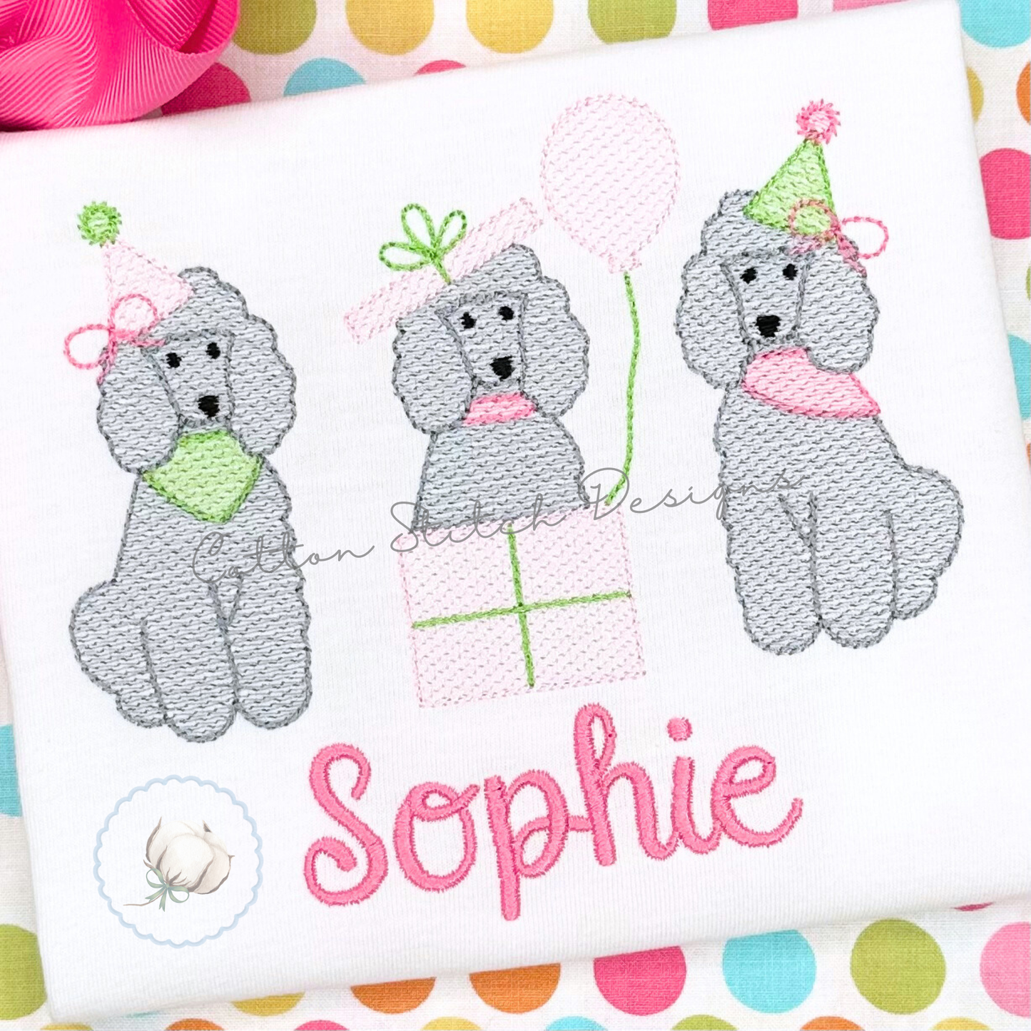 Poodle Birthday Trio Embroidery Design