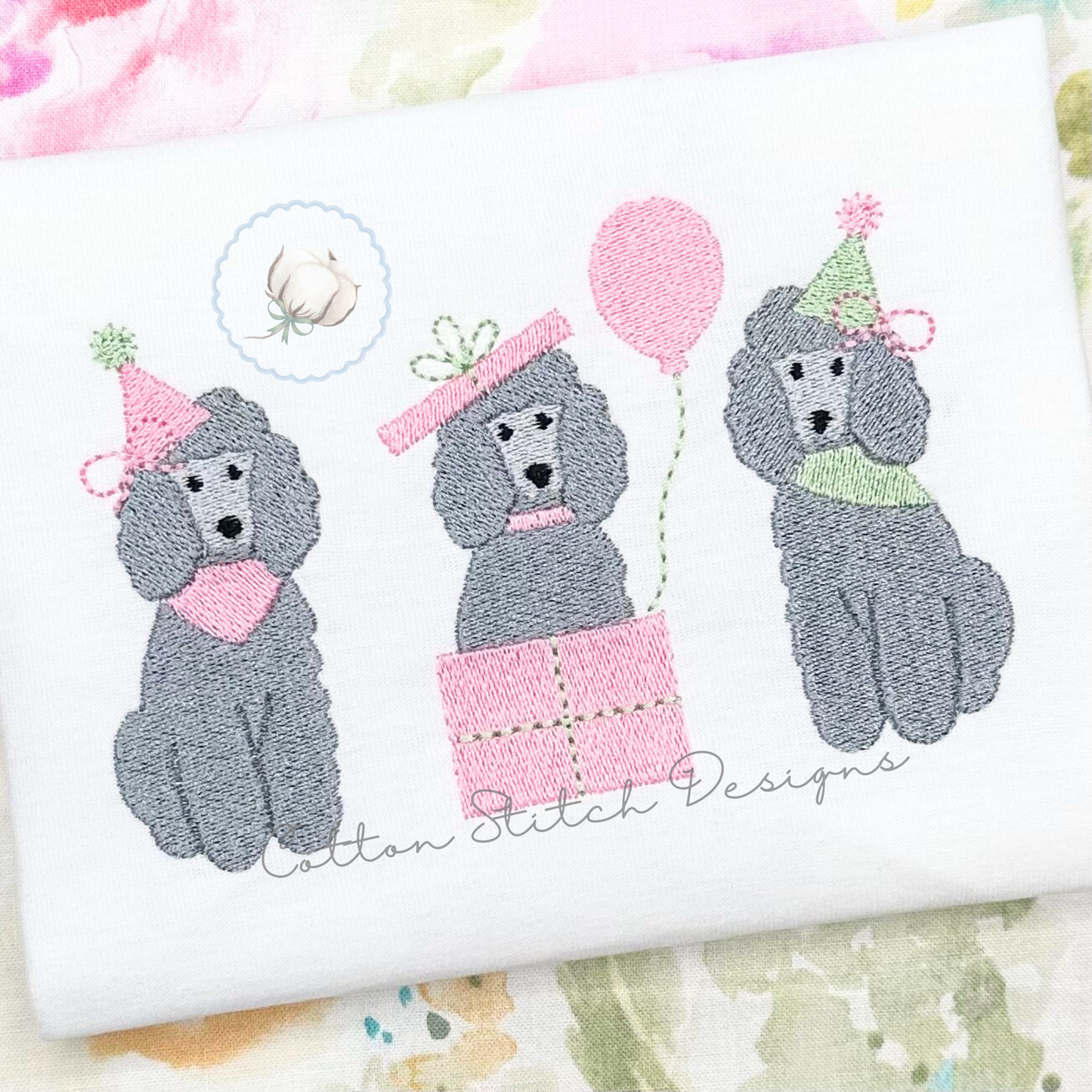 Poodle Birthday Trio Fill Embroidery Design