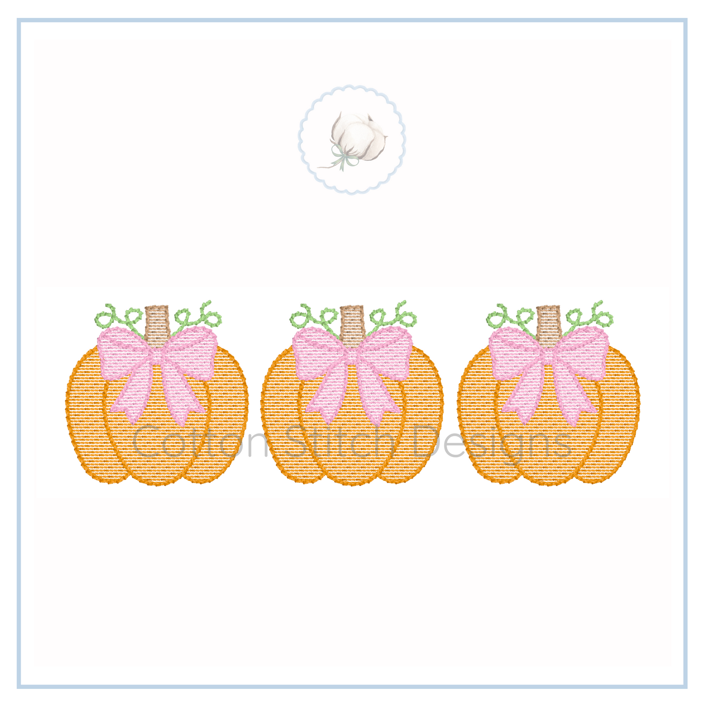 Machine Embroidery design Cotton Stitch Designs Three embroidered pumpkins with pink bows on a white background.