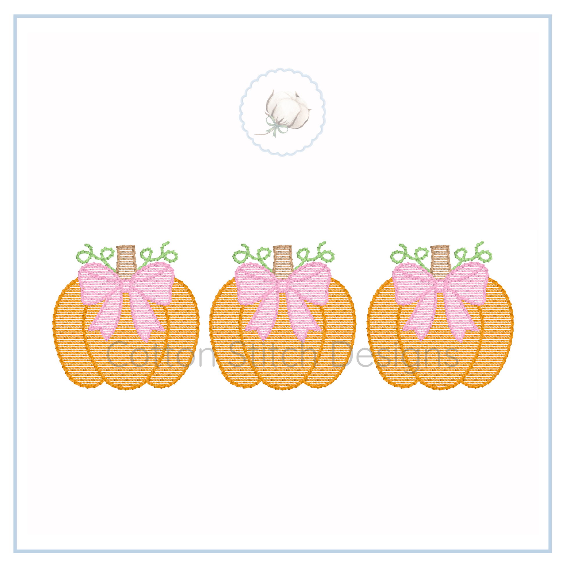 Machine Embroidery design Cotton Stitch Designs Three embroidered pumpkins with pink bows on a white background.