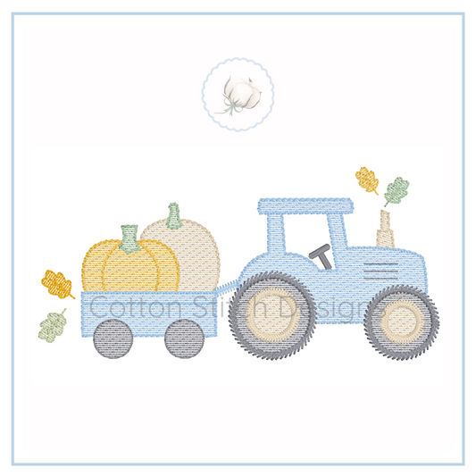 Machine Embroidery design Cotton Stitch Designs Embroidered design of a blue tractor with pumpkins on a white background