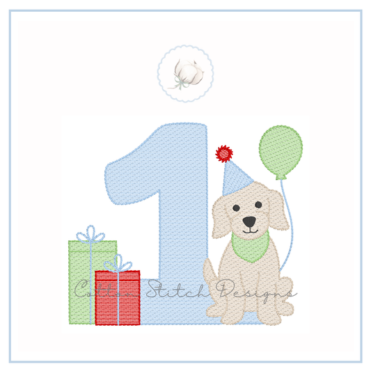 Puppy Birthday Number One Embroidery Design