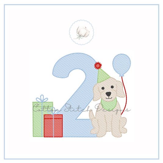 Puppy Birthday Number Two Embroidery Design