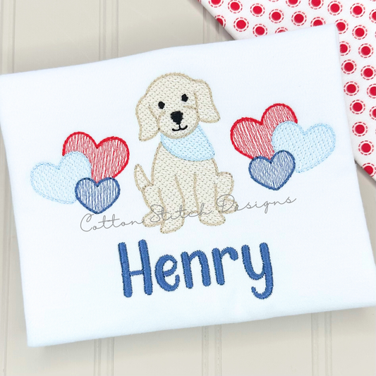 Puppy with Hearts Sketch Embroidery Design