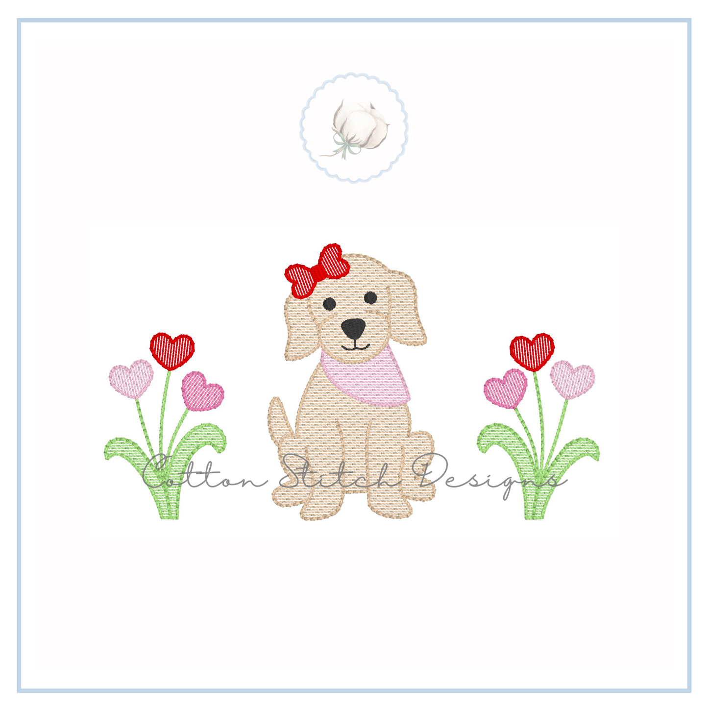 Puppy with Heart Flowers Sketch Embroidery Design