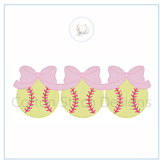 Machine Embroidery design Cotton Stitch Designs Three embroidered softball designs with pink bows on a white background