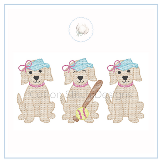 Machine Embroidery design Cotton Stitch Designs Three cartoon dogs with blue hats and pink bows, one holding a baseball bat and ball, on a white background.