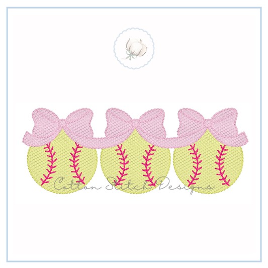 Softball Trio with Bows Embroidery Design