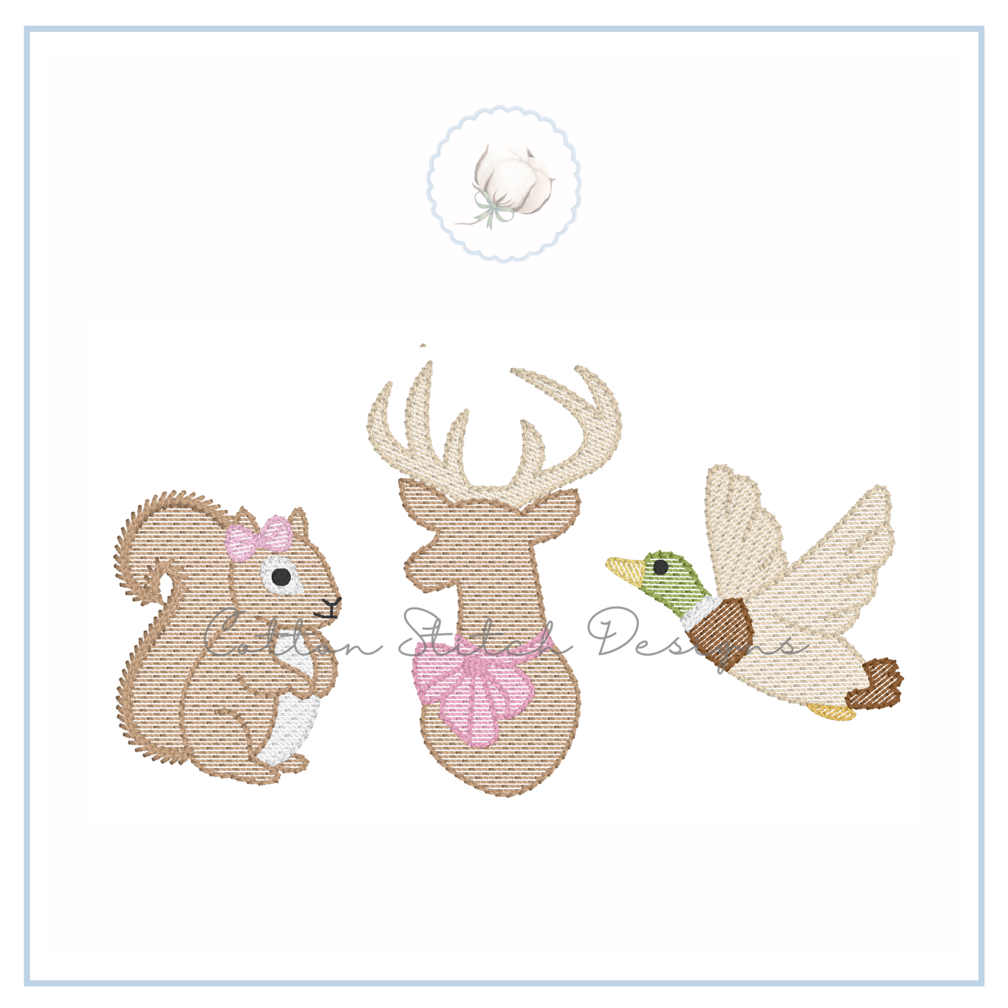Squirrel Deer Mallard Bow Trio Embroidery Design
