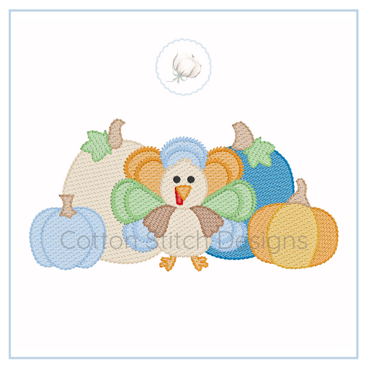 Machine Embroidery design Cotton Stitch Designs Embroidered design of a turkey with pumpkins on a white background
