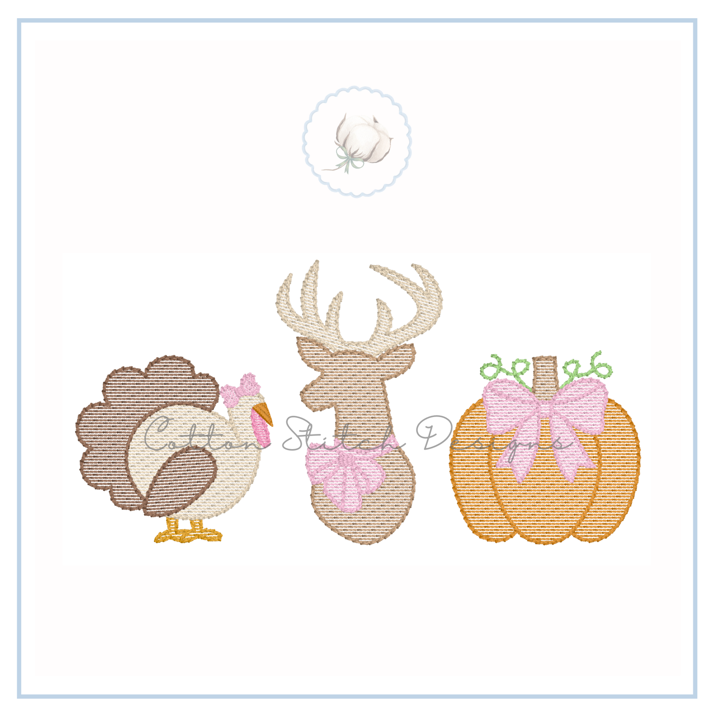 Turkey Deer Pumpkin Bow Trio Embroidery Design