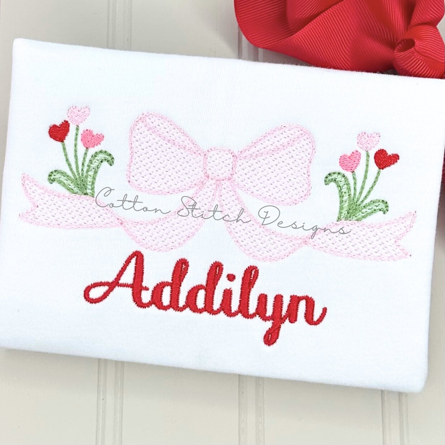 Valentine Heart Tulip Bow Sketch Embroidery Design