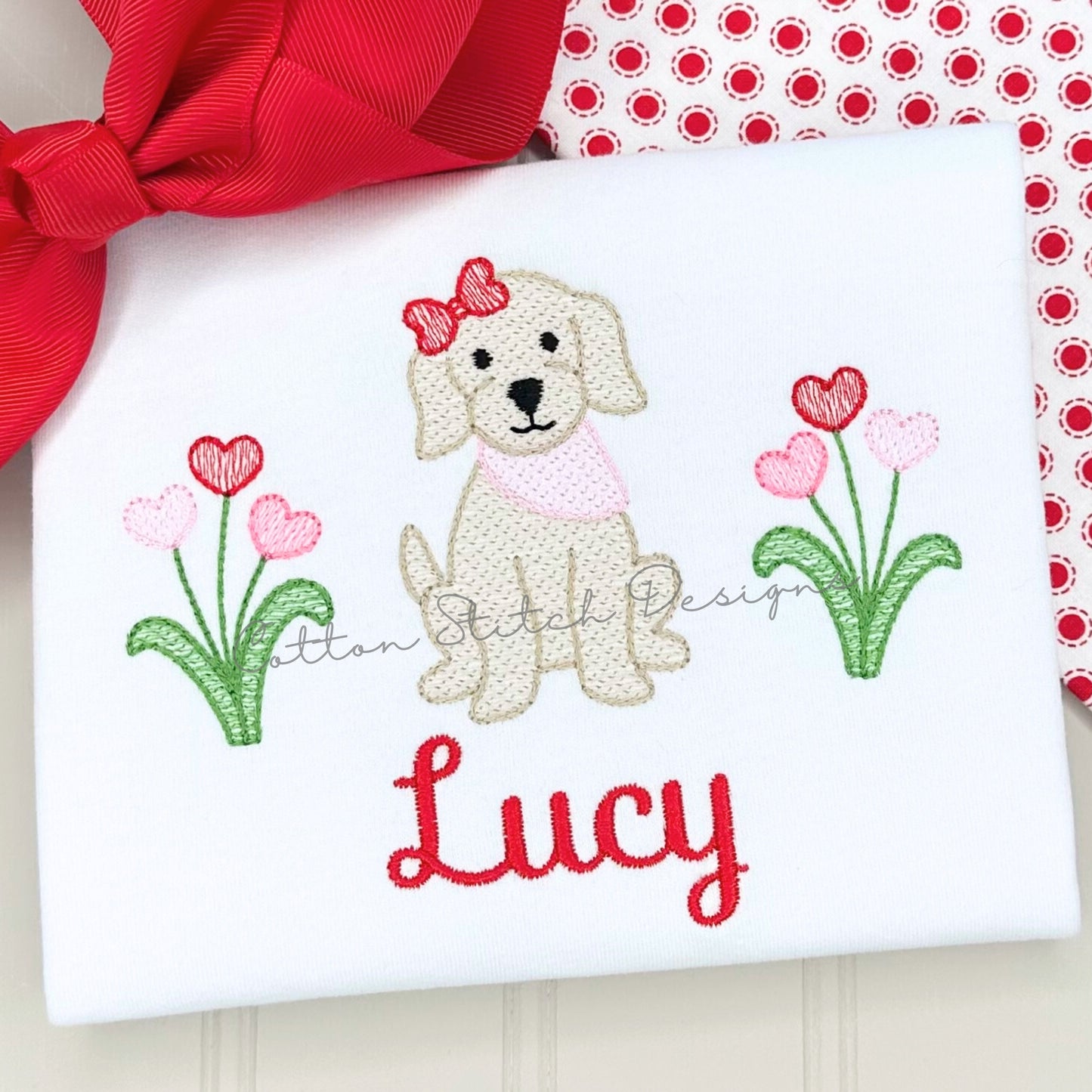 Puppy with Heart Flowers Sketch Embroidery Design