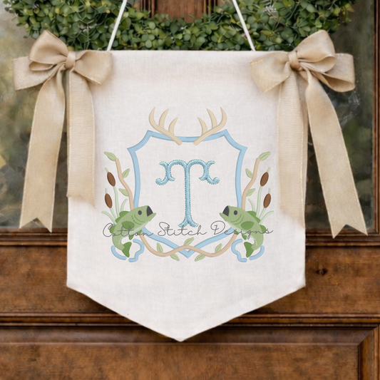 Bass Fish with Deer Antlers Monogram Crest Embroidery Design