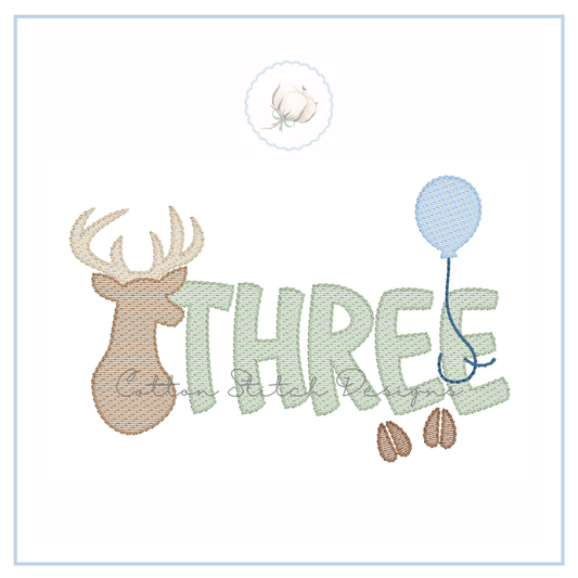 Deer Birthday Three Embroidery Design
