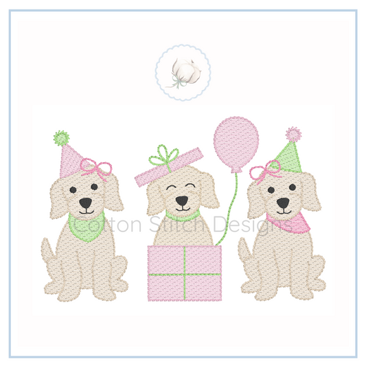 Machine Embroidery design Cotton Stitch Designs Three dogs with party hats and a balloon on a white background