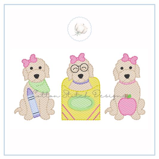 School Doodle Girl Puppy Trio Embroidery Design