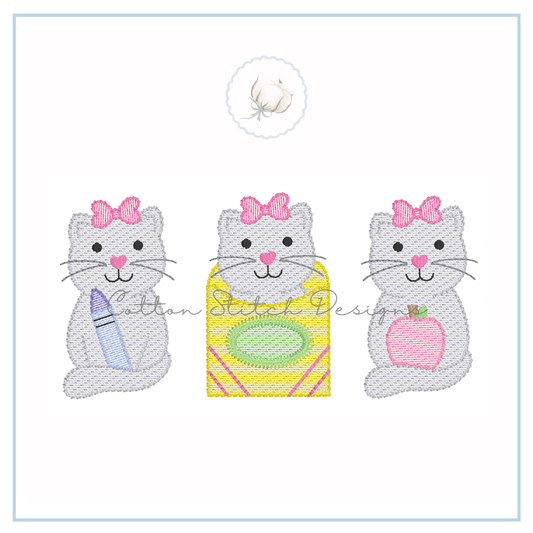 School Kitten Trio Embroidery Design