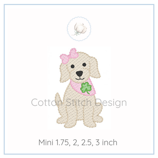 Machine Embroidery design Cotton Stitch Designs Embroidered design of a dog with a shamrock on a white background, labeled 'Cotton Stitch Design'.